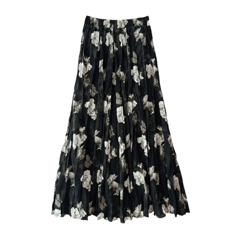 2024 New Women Vintage Long Pleated Skirt Autumn Winter Elegant Atmosphere Floral Print Casual Bottoms Stylish Versatile Clothes