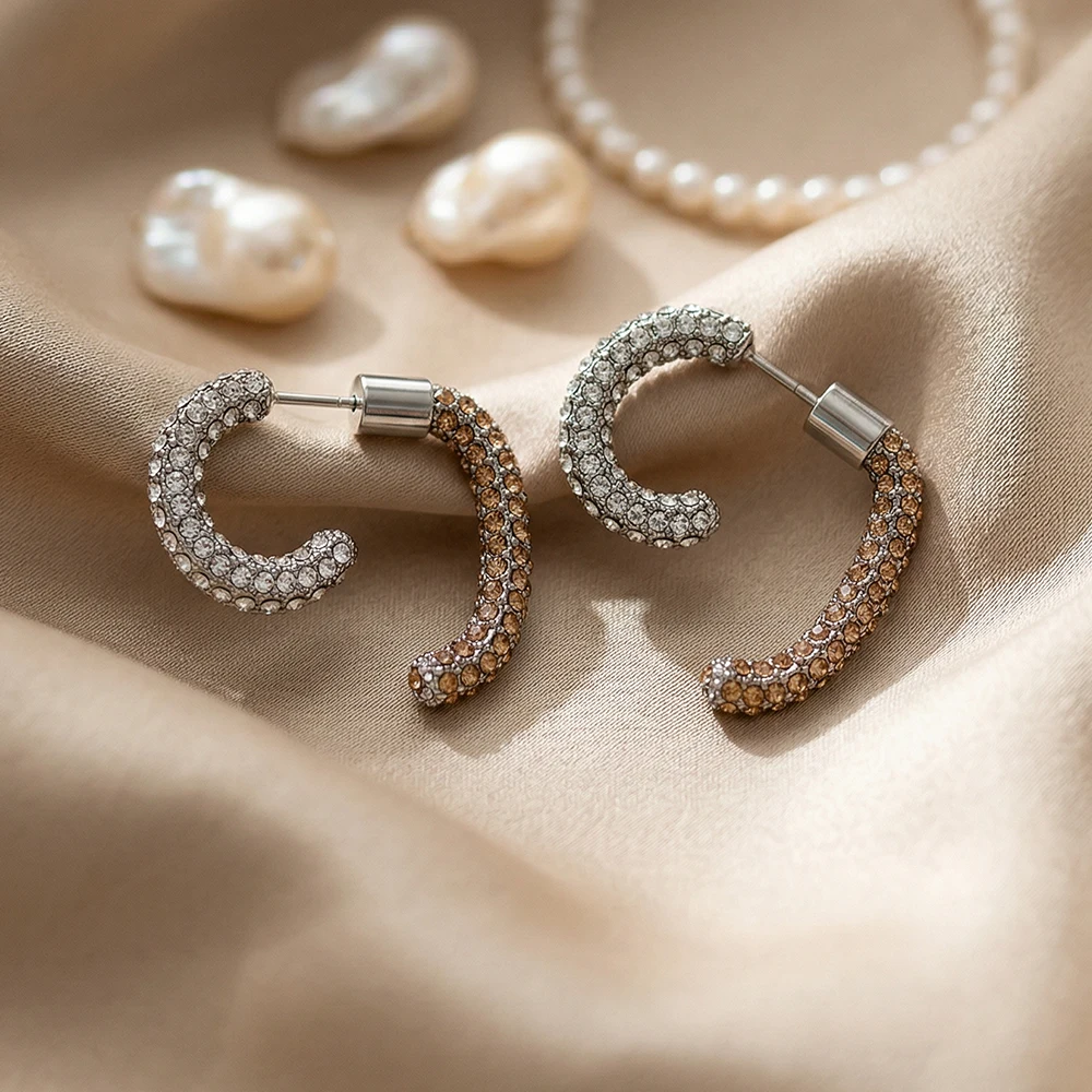  Einzigartige doppelschichtige C-förmige Ohrringe aus Edelstahl, luxuriöser Zirkon-Piercing-Schmuck für Damen, exquisiter Statement-Schmuck, wasserdicht, Geschenk. – Detail 6