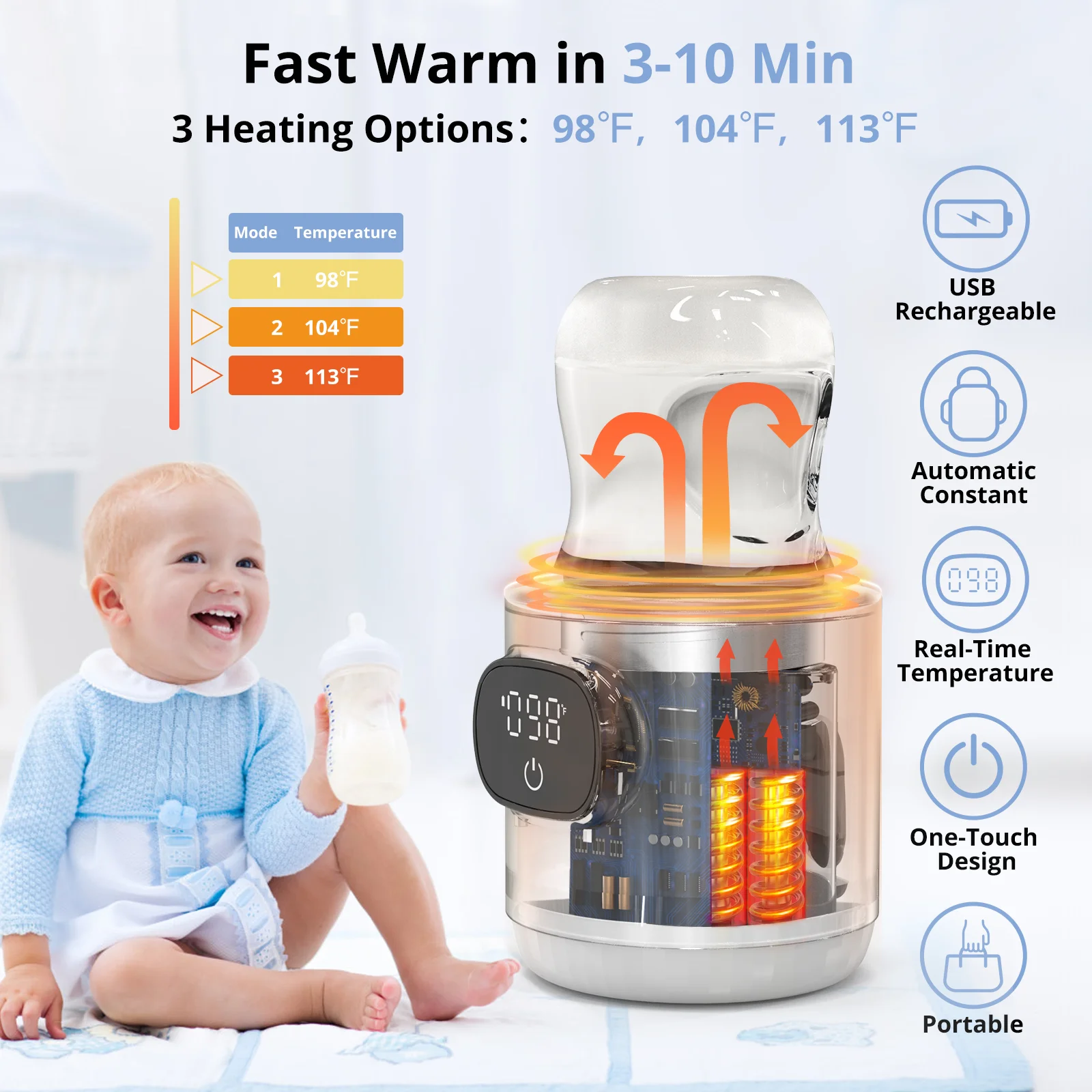 Portable Bottle Warmer, 3 Heating Options & Precise Temperature Control, LCD Display Touch Control with 2 Adapters, Leak-Proof