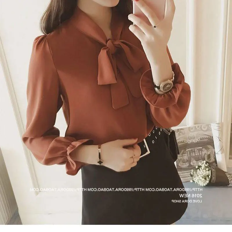 Women\'s Long Sleeve Shirts Korean Fashion Simplicity Solid Color Lacing Bow Temperament All-match Casual Loose Tops Spring