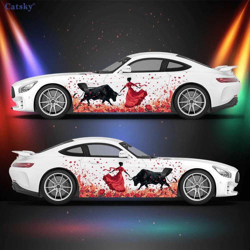 

Woman in red dress and cow in a showdown sticker, suitable for cars and trucks, durable, fade-resistant, easy to install and rem