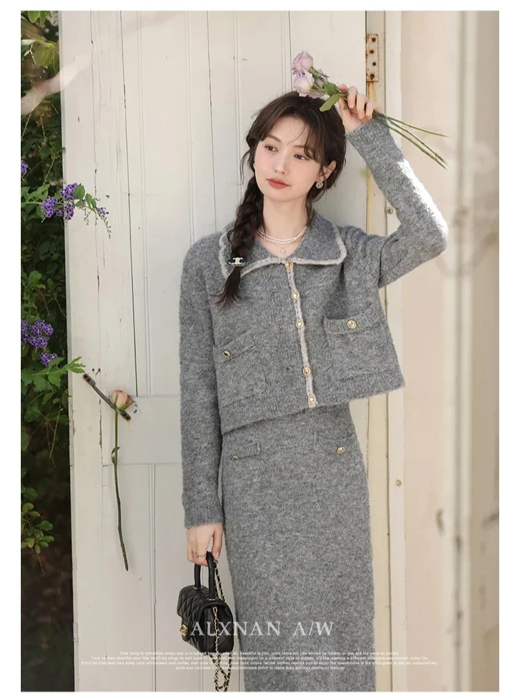 ALXNAN レディース ロングスカート グレー 多用途 メタルボタン ニットスカート 冬 秋 2025 エレガント 優しい レディース服 L33235BQ