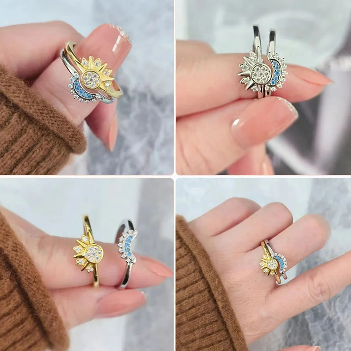 Summer Women Fashion Sun Moon Star Ring Elegant Temperament Sparkling Finger Ring Party Jewelry Accessories Gift Couple\'s Ring