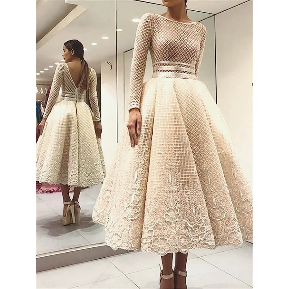 Elegant Bige Color Unique Lace Cocktail Dresses Full Sleeves V-Back Tea-Length Prom Gowns Champagne Party Dress