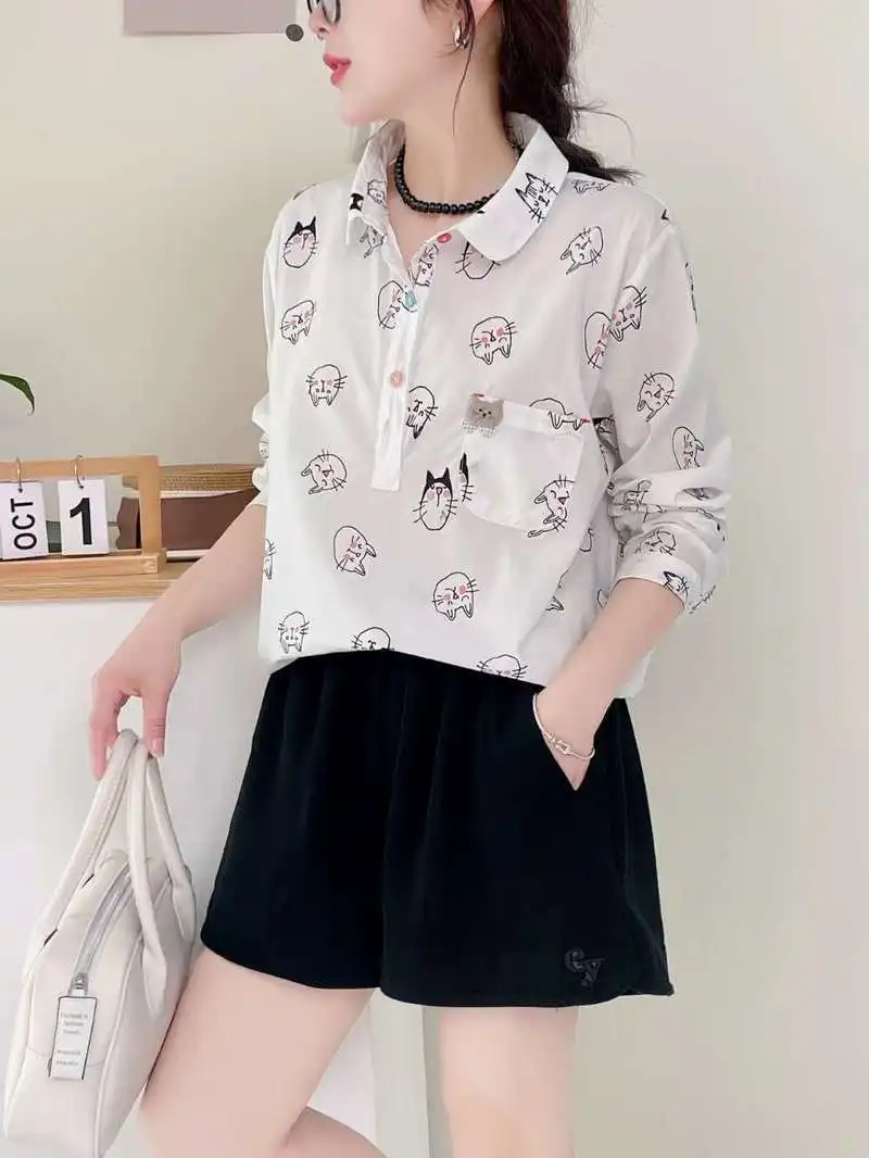 New Autumn Cotton Long Sleeve Shirts, Women Lapel Cartoon Cat Tops, Mori Girl Loose Sweet Casual Blouses, 2024 Winter T48689QC