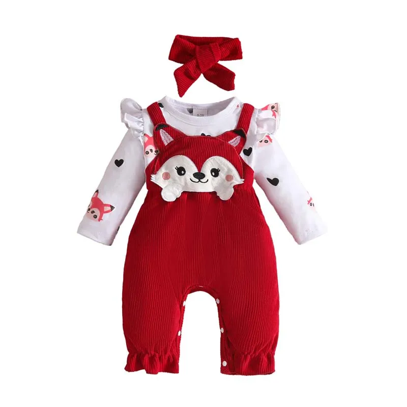 

Newborn Baby Clothes Cute Cartoon Fox Jumpsuits For 0-18Months Boys Girls Long Sleeves Red Print Bodysuit and Hairband 2Pcs/Set