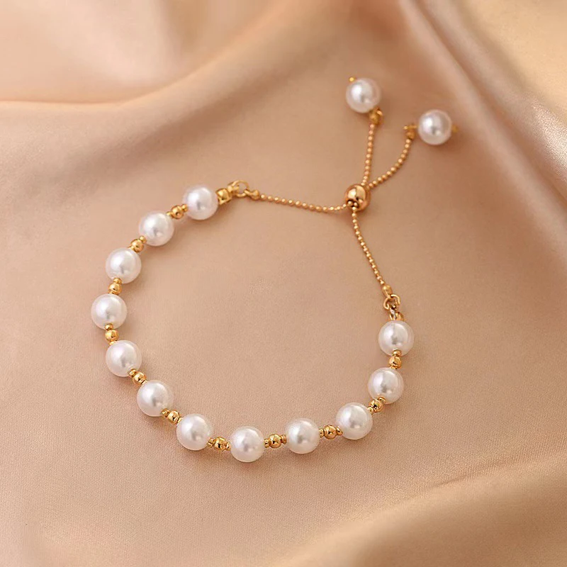 Gold Color Beads Pearls Mixed Adjustable Chain Bracelet Elegant Exquisite Bangles For Women Fashion Jewelry Gift