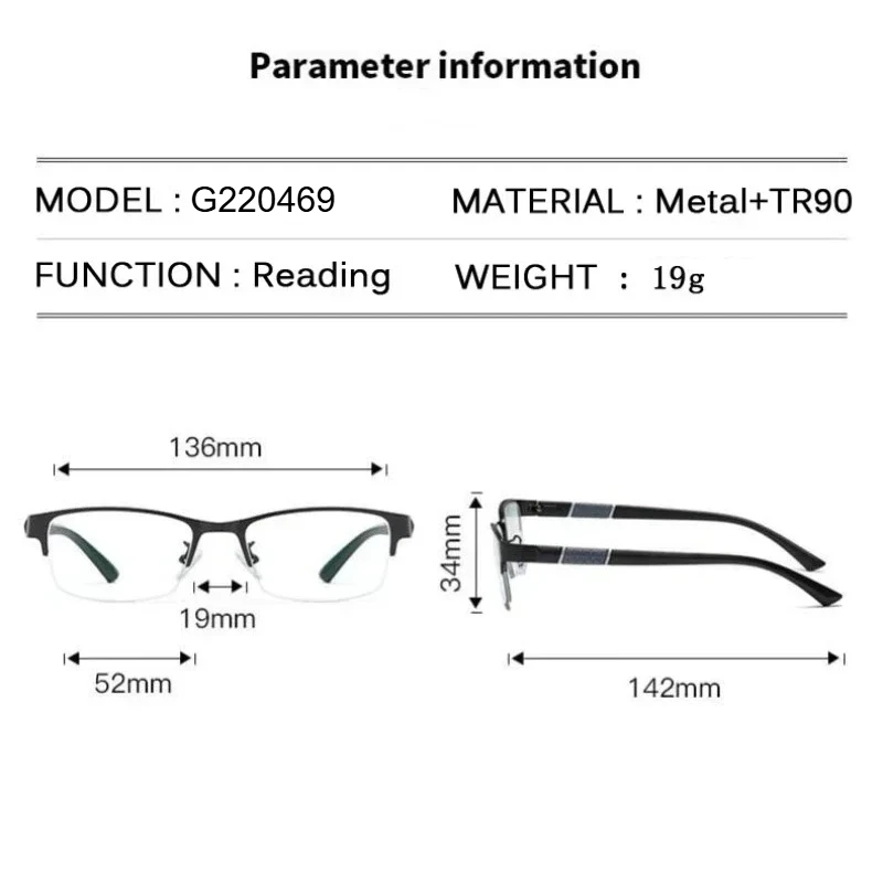 Metal Half Frame Reading Glasses TR90 Farsighted Eyeglasses Business for Men Finished Presbyopic Eyewear with Diopter +1 To +4.0