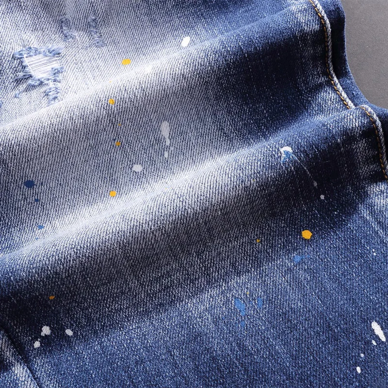 High Street Fashion Men Jeans Retro Washed Blue Elastic Stretch Skinny Fit Ripped Jeans Men Painted Designer Vintage Denim Pants