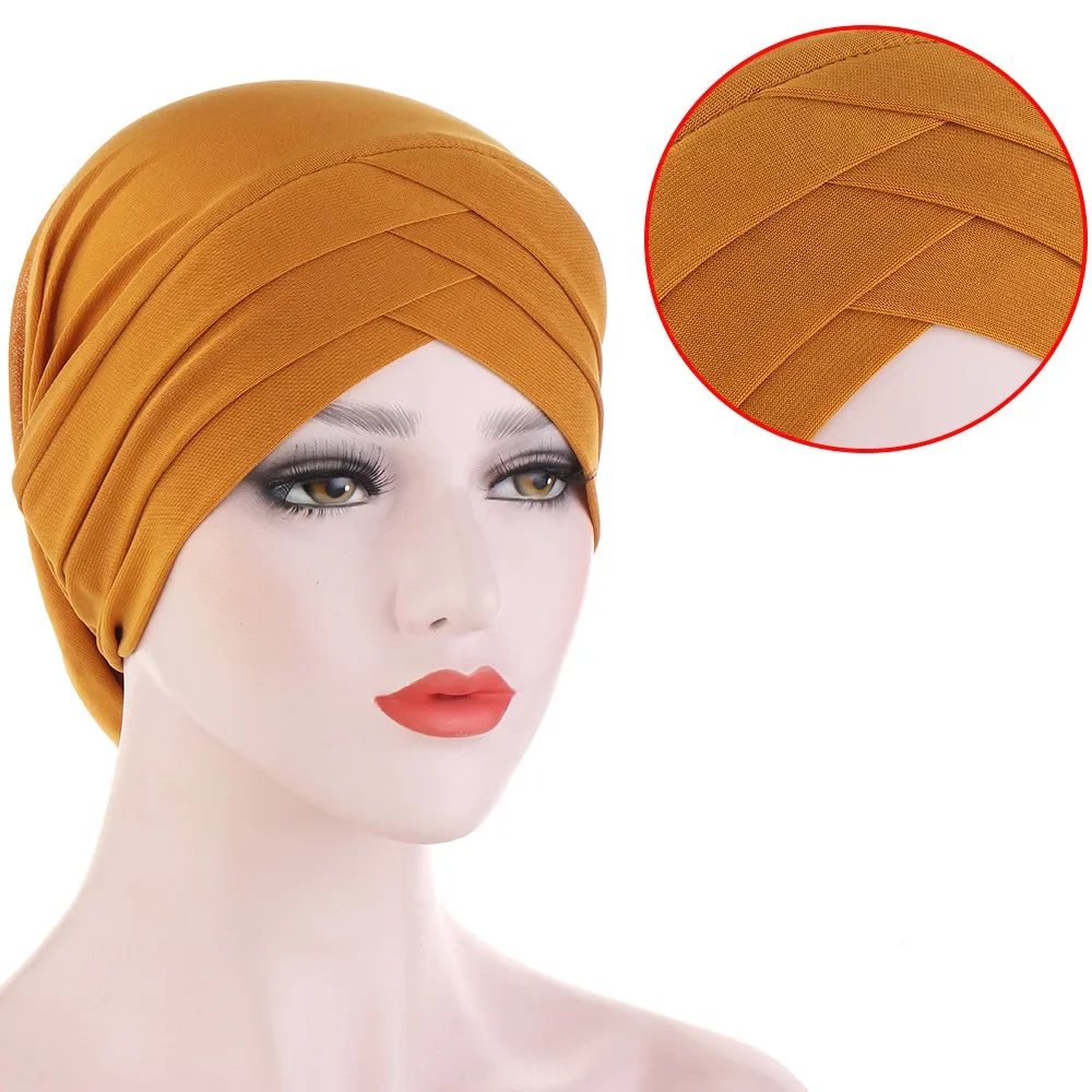

Indian Forehead criss Cross Muslim Turban Pure Color Stretch Inner Hijabs For Caps Ready To Wear Women Head Scarf Under Bonnet