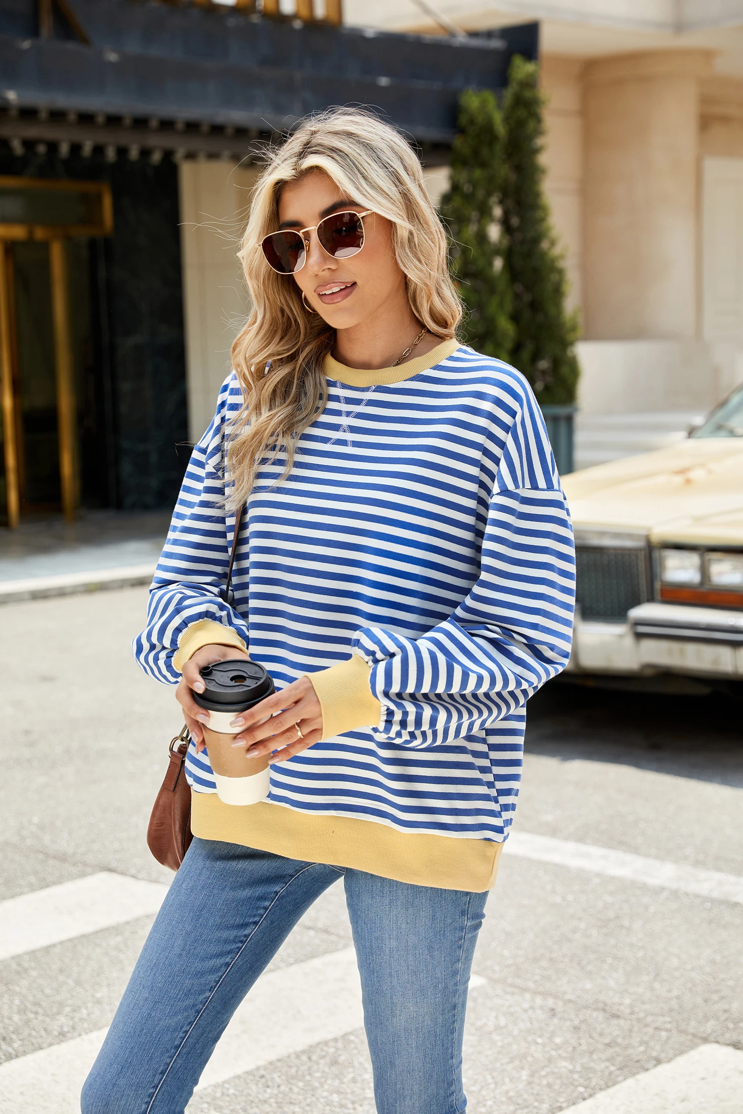 2024 Autumn/Winter New Fashion Casual Stripe Round Neck Contrast Loose Long sleeved Women's Sweater Coat