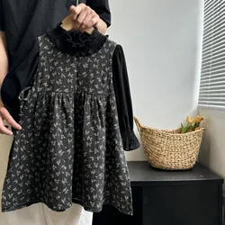 Childrens Sets Autumn New Girl Dress Retro Style Sweet Broken Flowers Lattice Round Neck Splicing Vest Skirt 2024 Simple