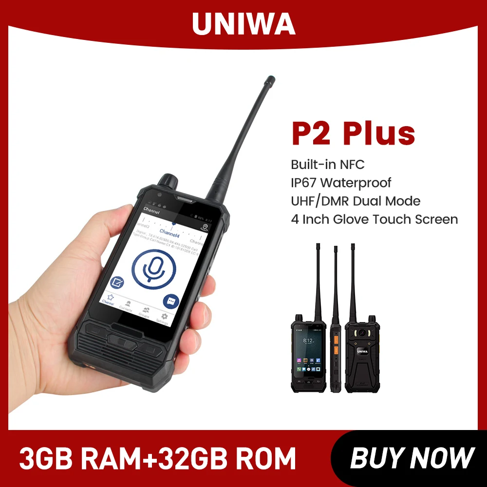 Uniwa P2พลัส4นิ้วแปดแกนสมาร์ทโฟน3กิกะไบต์แรม32กิกะไบต์รอมเอ็นเอฟซี IP67มือถือทนทาน zello 4W DMR UHF ทอล์คกี้ทอล์คกี้ทอล์คกี้