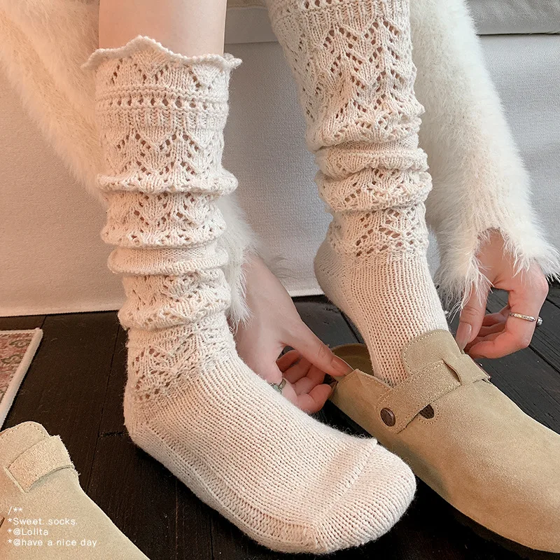 Autumn Winter Women Knee High Socks Vintage Knitted Warm Thigh Highs Sculpted Hollow Design Slimming Cosy Fuzzy Home Legwear