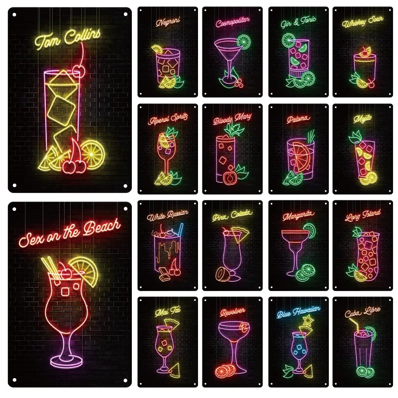 

Neon Drink Metal Signage Tin Painting Cocktail Poster Plaque Home Living Room Bar Club Party Modern Wall Art Decor Mural Aesthet