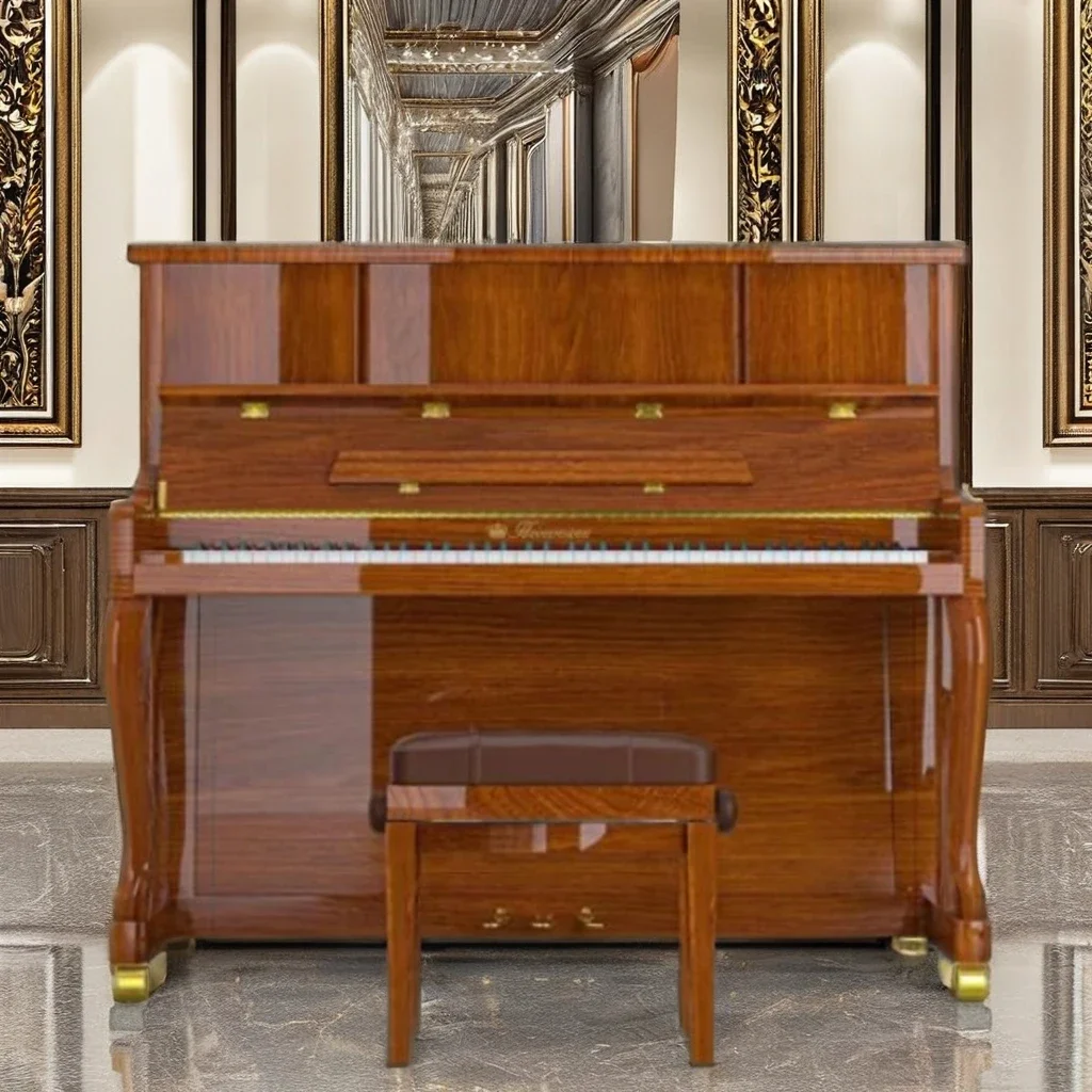 

Bright Acoustic Piano Brown Wooden Upright Piano With Piano Stool