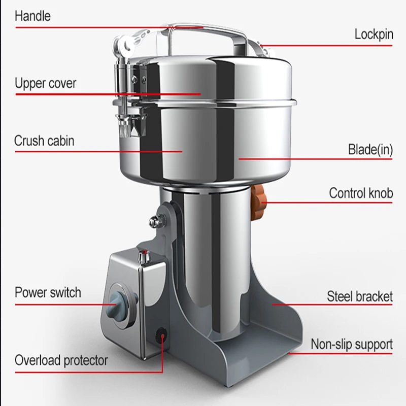 Commercial Grain Grinder High Speed 2500W Cereals Spices Powder Crusher Stainless Steel Coffee Grinder