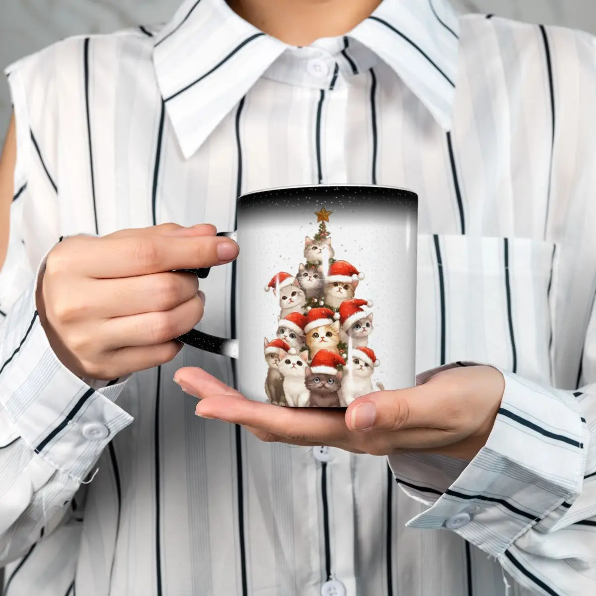 Cute Christmas Cat Kittens Mug Funny Ceramic Coffee Cups Tea Mugs Milk Cup Drinkware Gifts for Woman Man