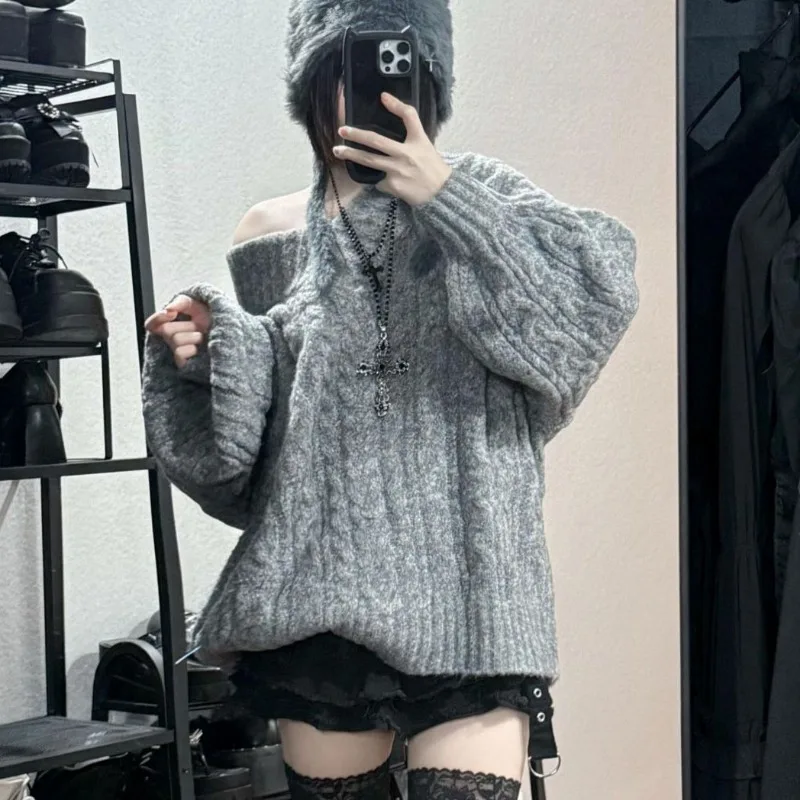 Pullovers Women High Street Autumn Winter Thick Knitted Hot Girls V-neck Off Shoulder Korean Style Loose Ins Ulzzang Solid Gray