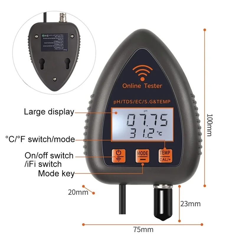 Bluetooth wifi 5 em 1 testador de qualidade da água monitor ph tds temp ec sg analisador salinidade lcd medidor de ph para água potável aquário