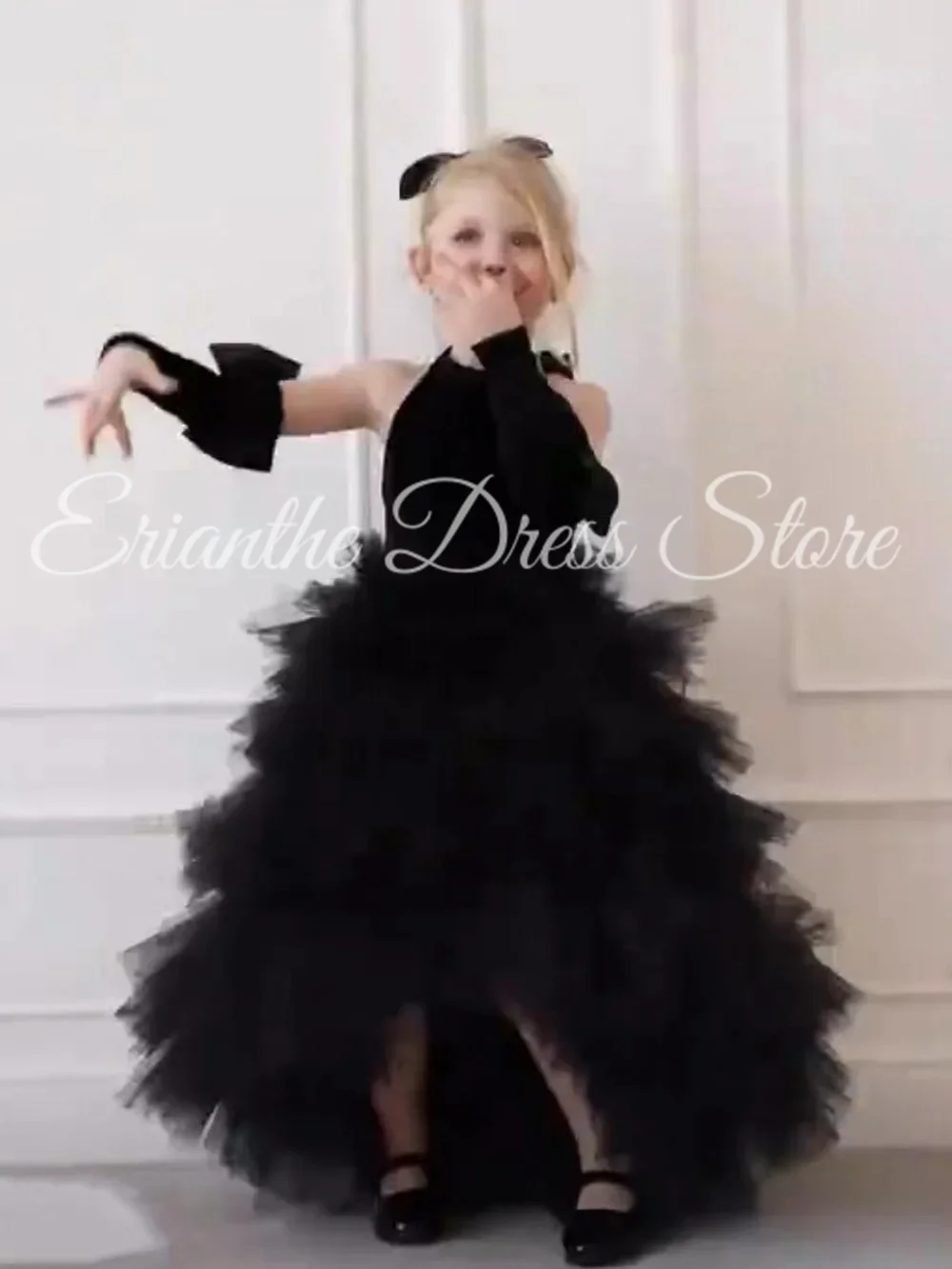 Robe de demoiselle d'honneur en velours noir, personnalisée, superposée, pour mariage, bouffante, sans manches, fête d'anniversaire pour enfants, robes de bal de première Communion