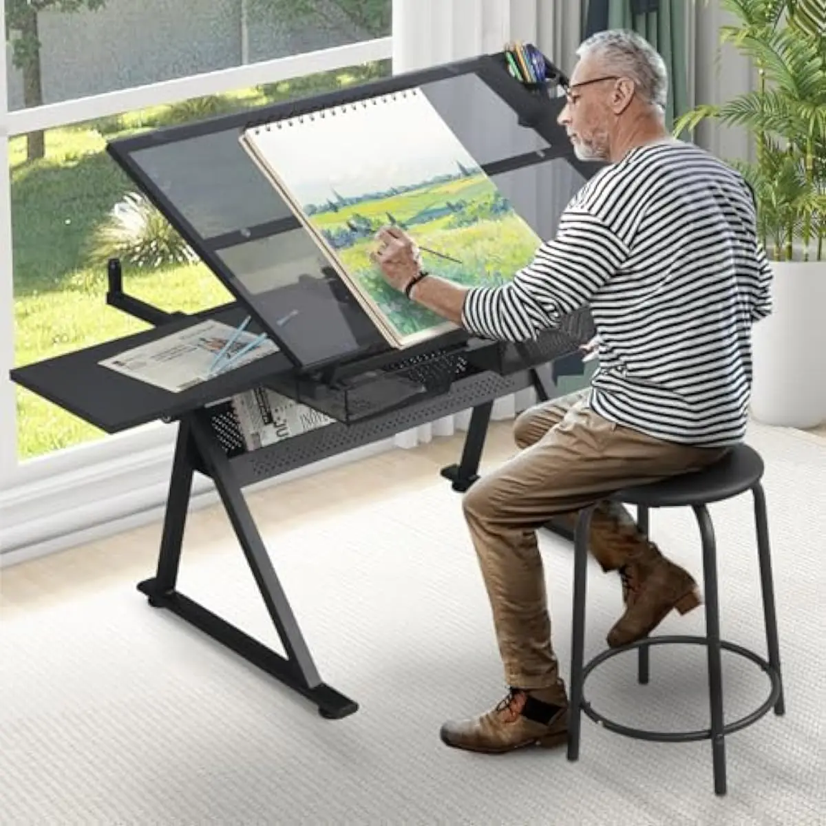 Black Adjustable Drafting Desk with Tempered Glass Top Tilts 0-75 Degrees Height Range 27.16 to 35.82 Inches Modern Iron Frame T