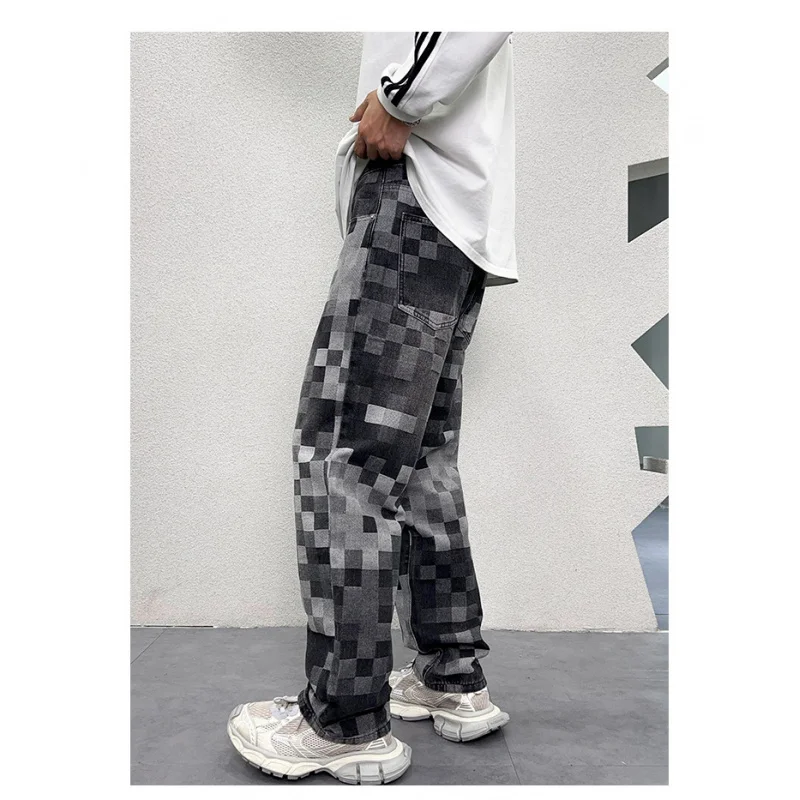 Light luxury mosaic fashionable printed design jeans men's fashionable retro loose straight mop wide leg leisure denim trousers