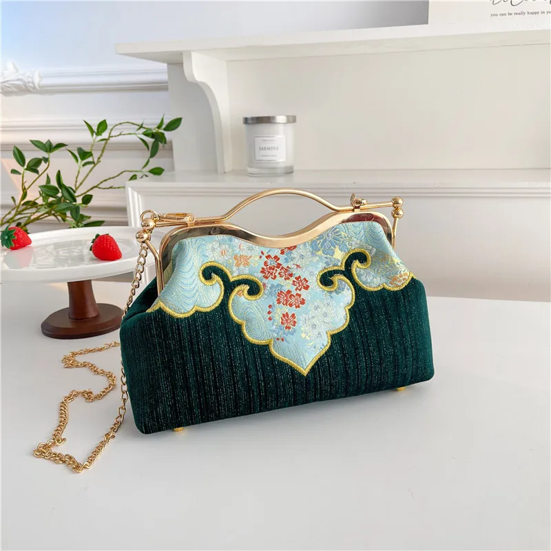 Chinese Style Embroider Print Evening Bag For Women Metal Handle Handbags Simple Chain Shoulder Bags Prom Party Clutches Purses