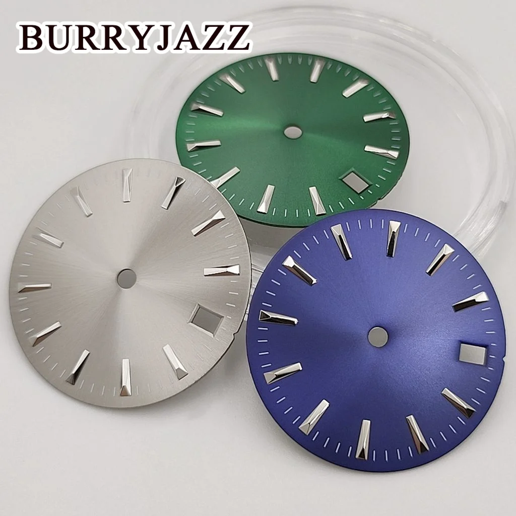 BURRYJAZZ 28.5mm No Logo NH35 Watch Dials Black Blue White Silver Dial Green Luminous Fit 3 O\'clock 3.8 O\'clock Case Crown