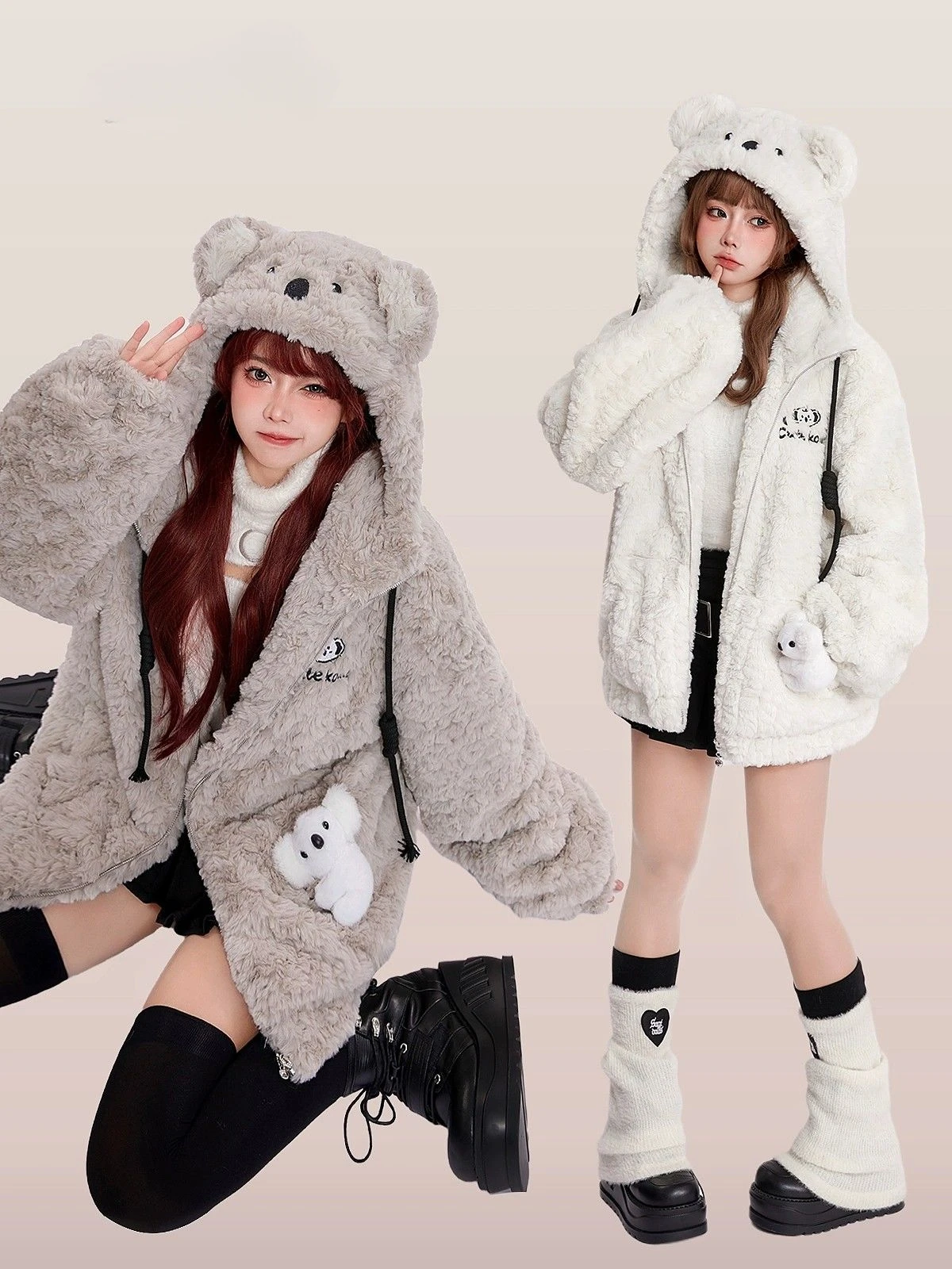 Coalfell Little Koala Plush Lamb Fur Cute Animal Thick Plush Coat Hooded Coat Cotton Jacket