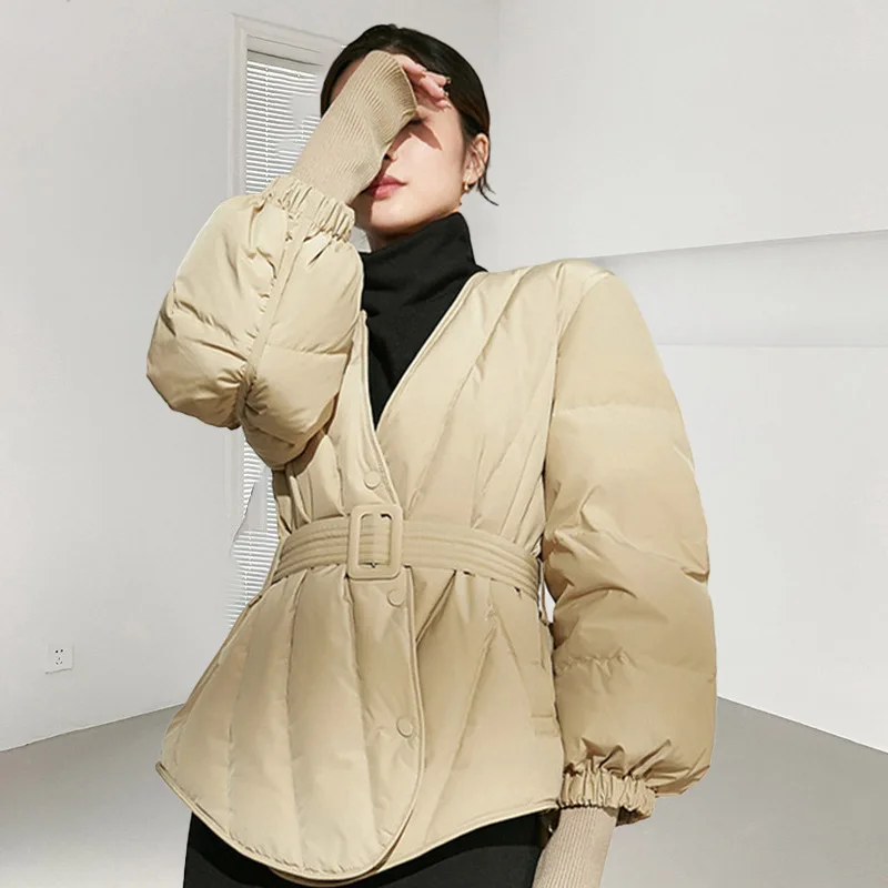 Fashion Duck Down Jackets for Women Winter Coat Short Waist Belt Duck Down Padded Suit Jacket Office Lady  Puffer Jacket JK-155