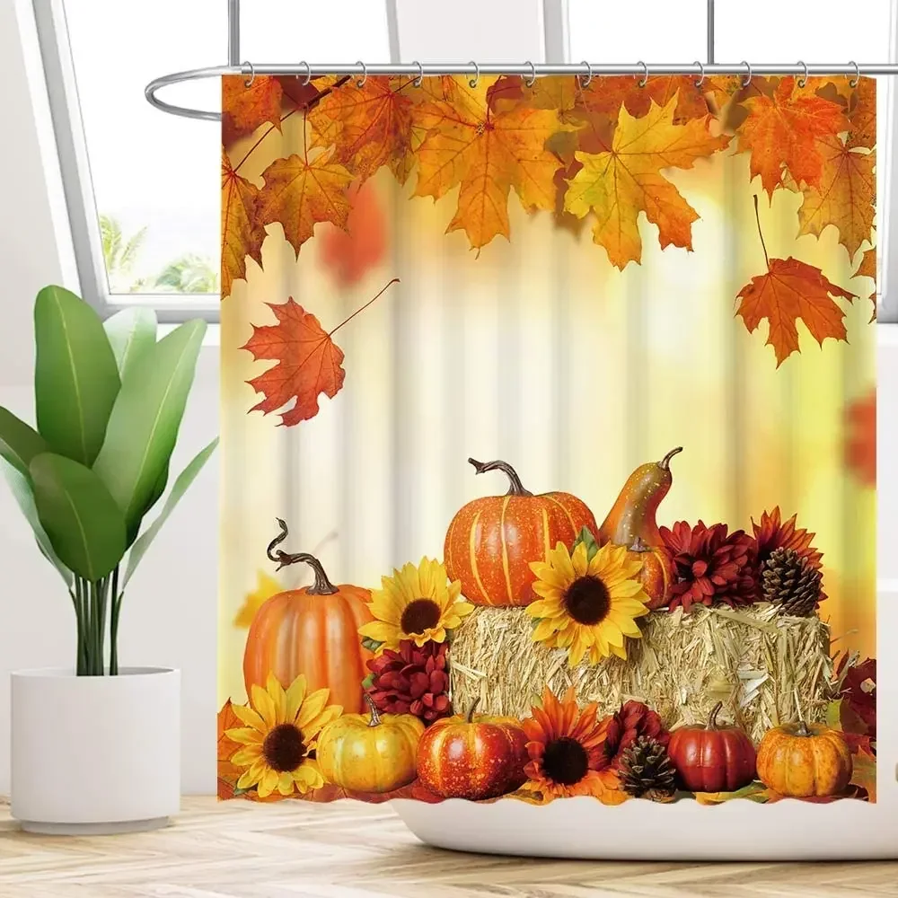 Fall Pumpkins Maple Shower Curtain Set with Hooks Autumn Thanksgiving Sunflowers Harvest Falling Leaves Bathroom Curtains Decor