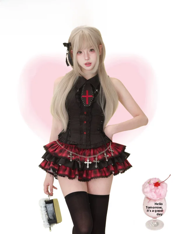 

Летний комплект в стиле Y2K: красный топ без рукавов и пышная юбка с высокой талией, винтажный стиль, женский модный ансамбль