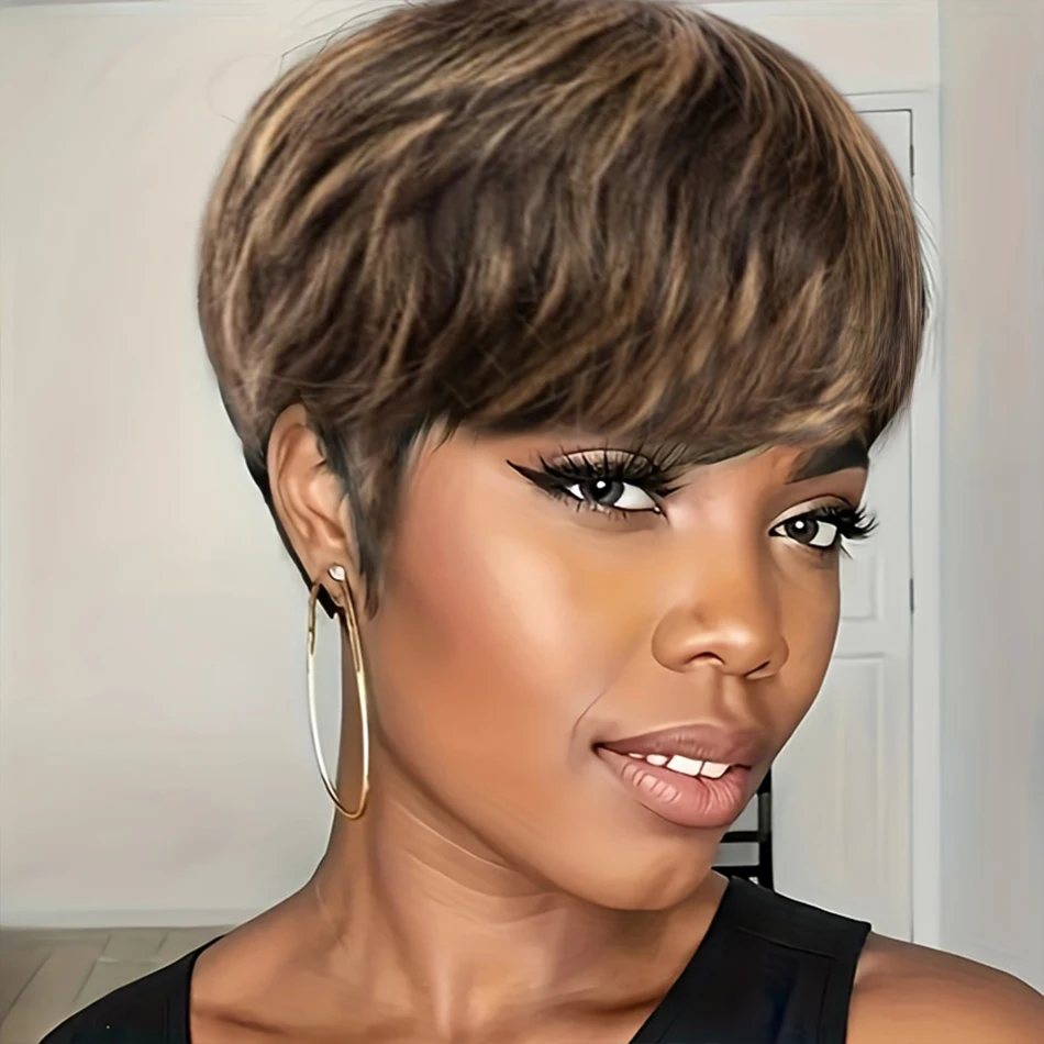 Pixie Cut Wigs for Women Pixie Hair Cut Human Hair Wigs with Brown 1B/30 Color Short Layered Wavy Wigs Machine Made Wig