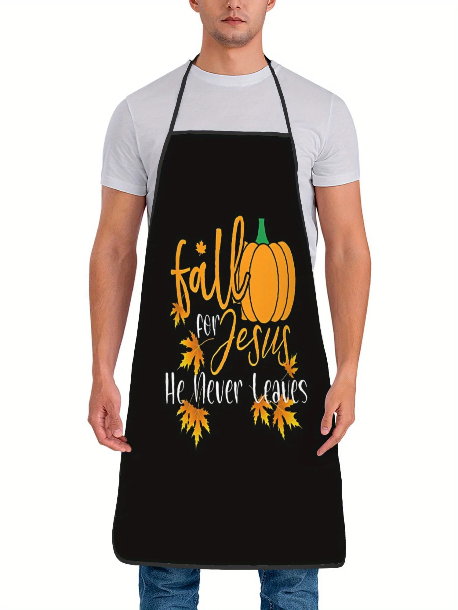 تقع من أجل يسوع، لا يترك أبدًا مريلة الطبخ الملهمة باللون الأسود مع أوراق الخريف والقرع البرتقالي مطبوعة بمقاس واحد للمطبخ #3