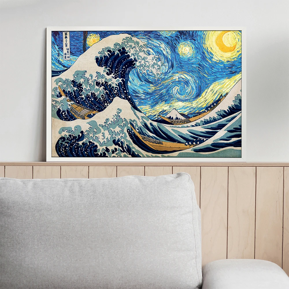 Big Waves and The Starry Night Combine Wall Art Canvas Painting Print Abstract Illustration Room Decoration Accessories