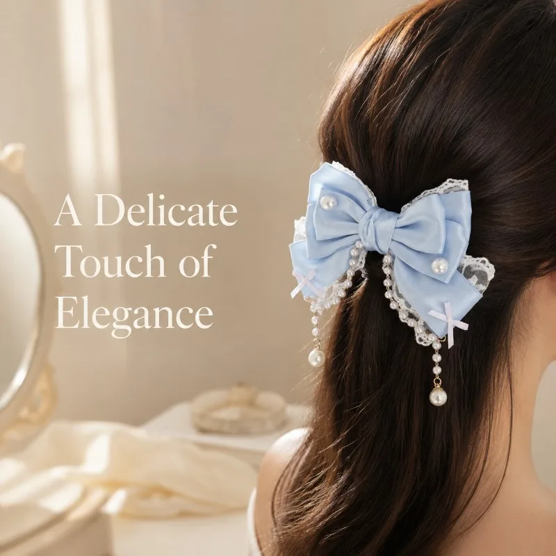 Lace Satin Bow Hair Clip Dangle Pearl Tassel Hair Barrettes Sweet Lolita Hair Accessories for Girls Party Daily Wedding Decor