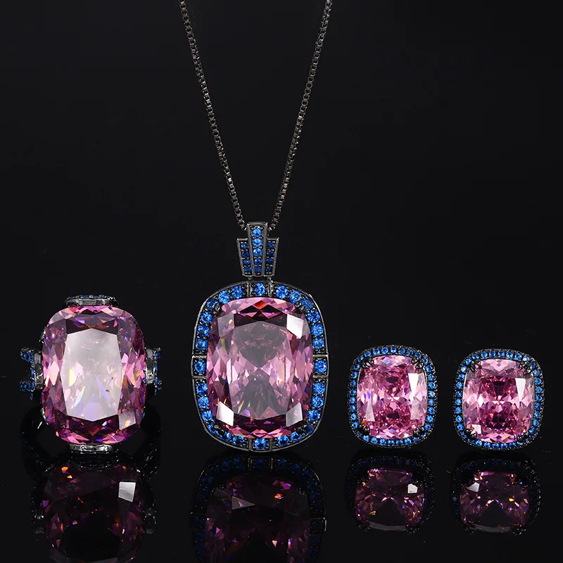 

Pink-Purple High Carbon Diamond Blue Micro Zircon Black Gold Plating Pendant Necklace Stud Earrings Adjustable Ring Jewelry Set