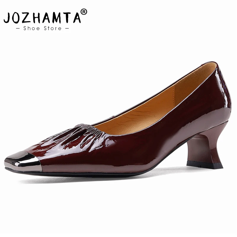 JOZHAMTA Women Vintage Pumps Genuine Leather Retro Square Toe Chunky High Heels Shoes Elegant Slip-On Office Dress Size 34-39