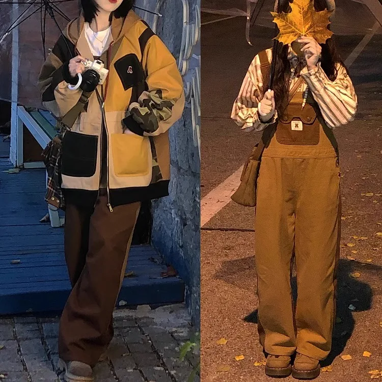 Anti-Aging Double-Sided Wear Color Blo Denim Overalls Women's Autumn Winter plus Size Slimming Long Pants High Waist Jeans