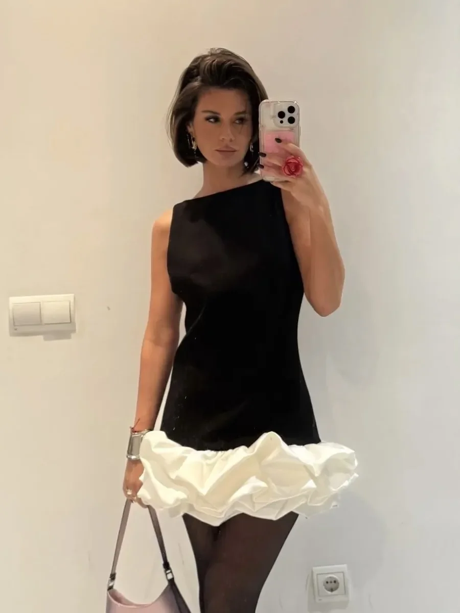 

Women Satin Patchwork Vest Dress Pleated Hem Round Neck Sleeveless Sweet Slim Mini Robe