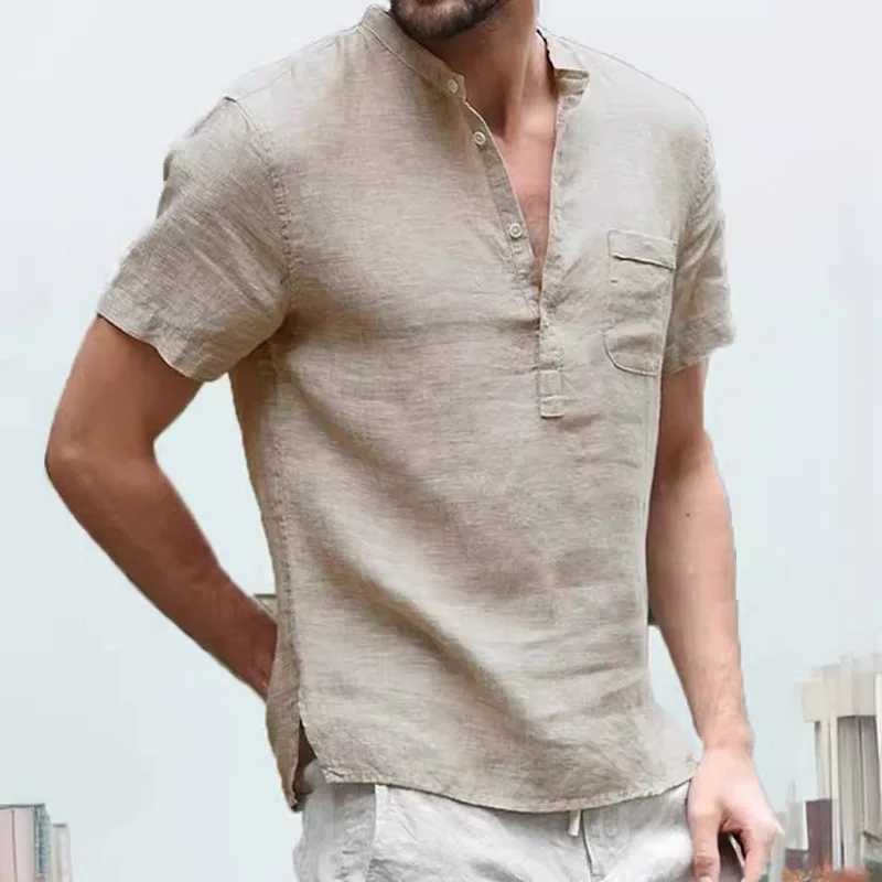 Summer Polo Shirt With Half Open Neck And Short Sleeve T-Shirt Men Short-Sleeved T-Shirt Cotton And Linen Led Casual Breathable