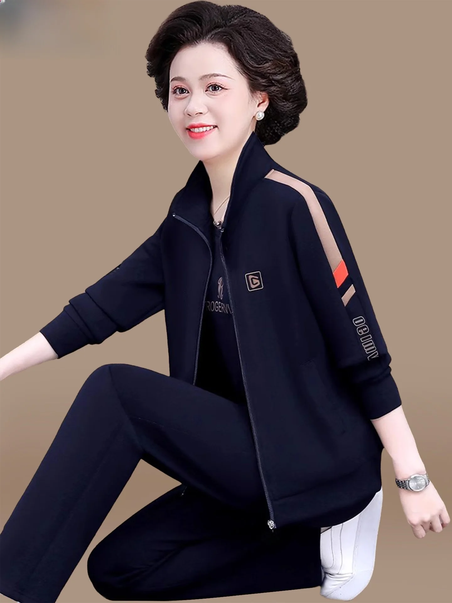 

Casual Sportswear Set for Middle-Aged Women Autumn Outerwear Three-Piece Suite Polyester Cotton Blend Long Pants Zipper Closure