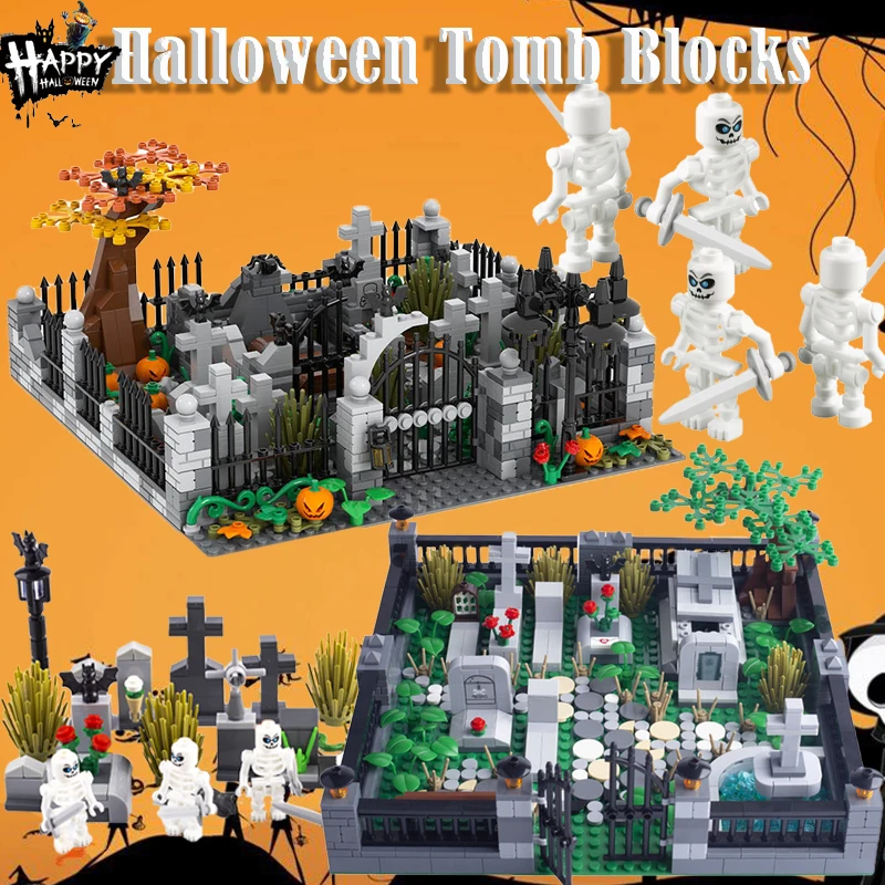 MOC Halloween Cemetery Building Blocks City Ghost Zombie Figures Skeleton Grass Rose Animal Accessories Bricks Toys Friends Gift