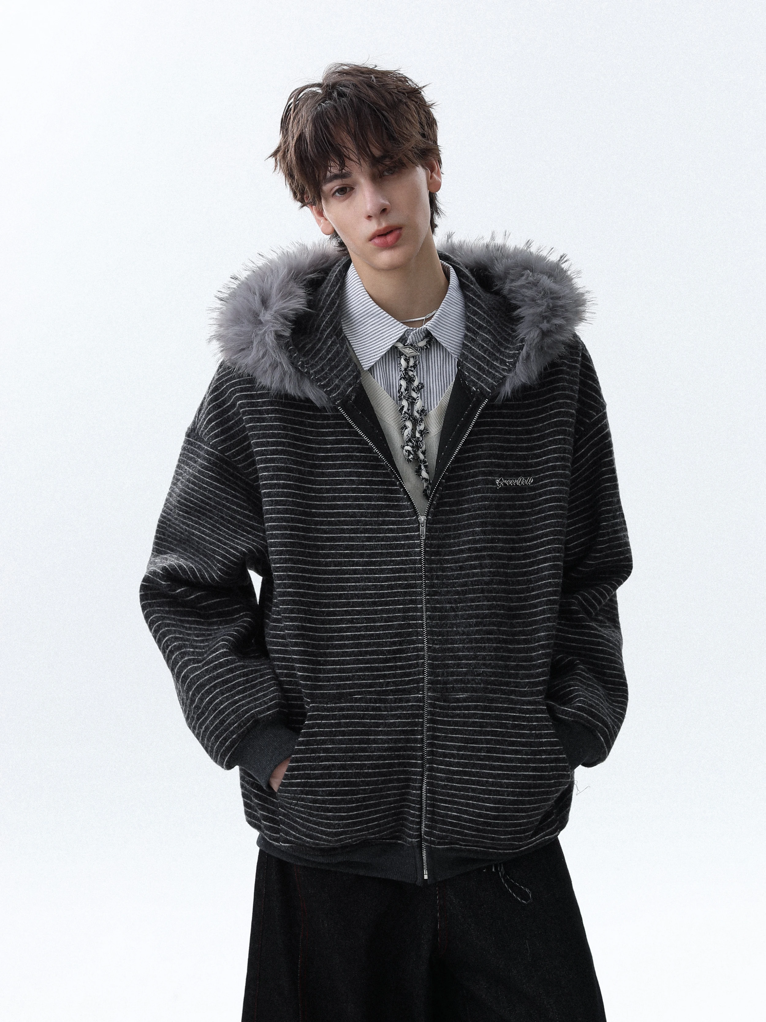 Autumn New American Style Trendy Striped Hooded Fur Collar Zipper Cardigan Loose Casual Youth Fashion Sweatshirt Jacket for Men