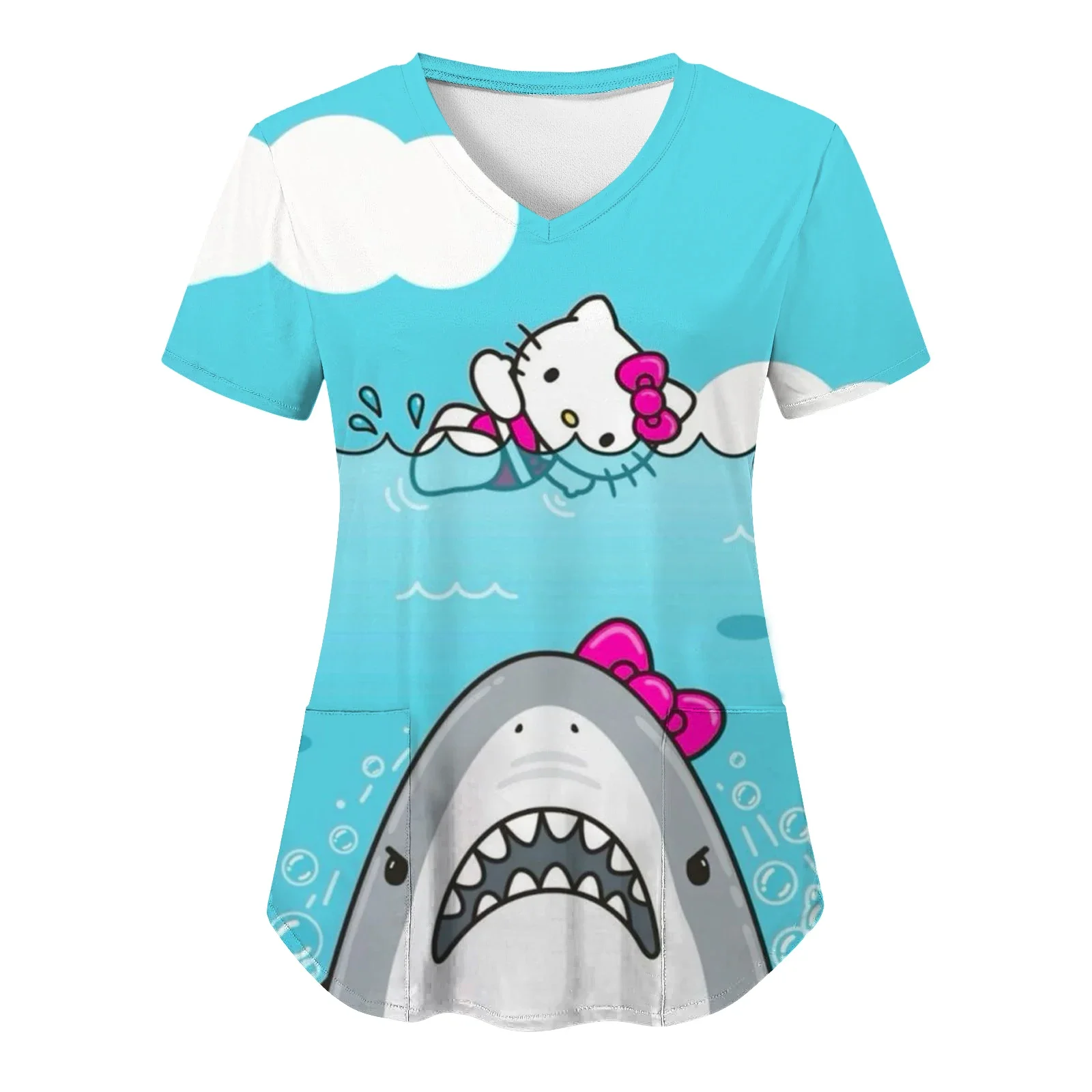 Kawaii Nurse Uniform Scrubs Tops Womens Cute Hello Kitty Print Short Sleeve Pocket Overalls Uniforms Medical Nursing Blouse