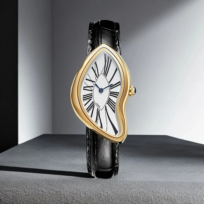 ساعة كوارتز فاخرة للرجال ريترو كاش الإبداعية ذوبان الملتوية ساعة رجالية غير منتظمة حافظة جلدية الفولاذ المقاوم للصدأ الرجال Y2K