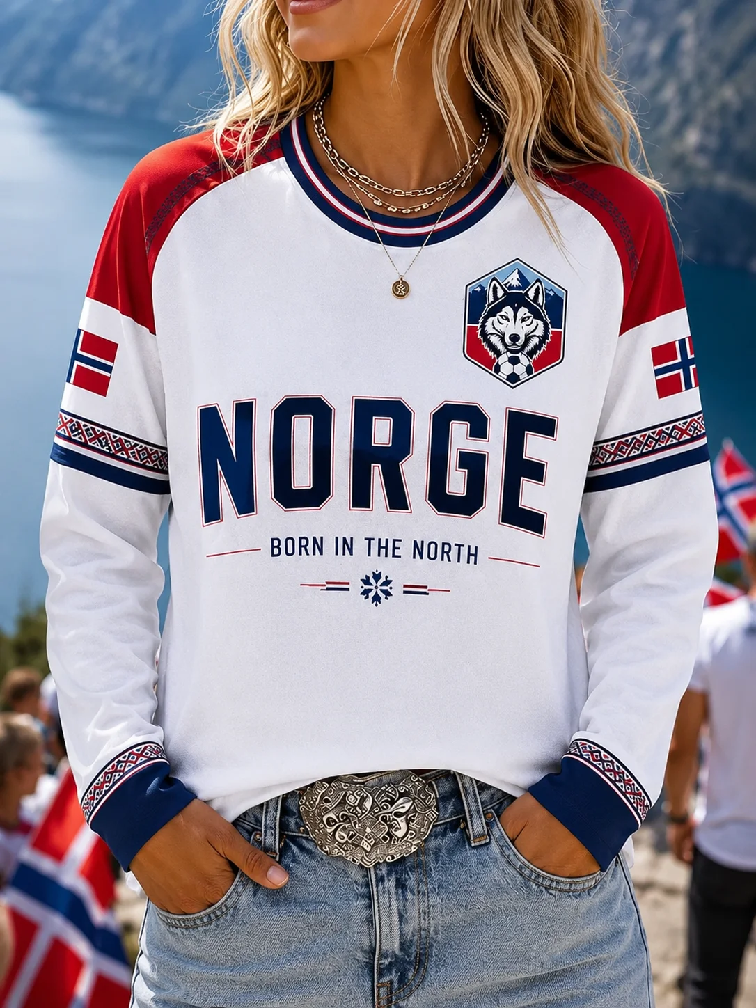 2026 Norway Norge Wolf Logo Long Sleeve Football Jersey, Norwegian Flag Nordic Pattern Raglan Sports Tee Unisex for Men Women