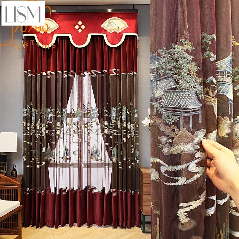 New Chinese High-grade Embroidered Window Screen Splicing Wine Red Velvet Curtains For Living Room Bedroom Study French Window