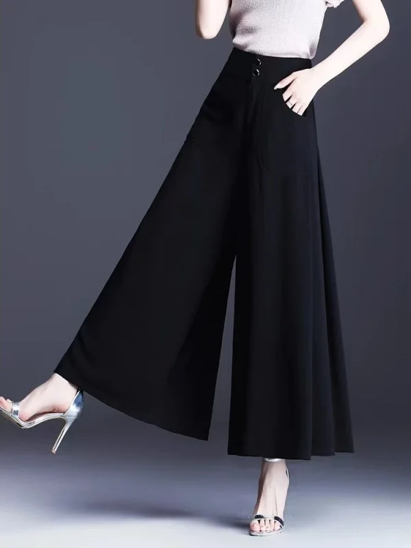 

Брюки-юбка с высокой талией и широкими штанинами, черные, укороченные, весна-лето, женские, больших размеров, повседневные, в корейском стиле, с раздельными штанинами